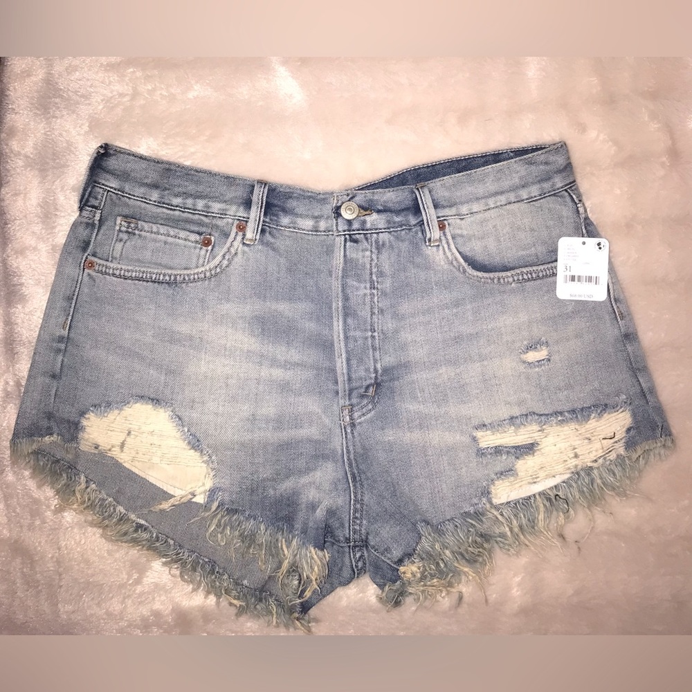 Free People Loving Good Vibrations Distressed Cutoff Shorts Pacific Blue Size 31